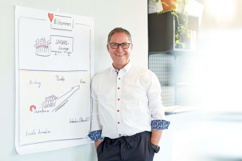 Mann mit Brille (Martin) im weißen Hemd und legerer Anzughose steht entspannt, mit hochgekrempelten Ärmeln neben einem Flipchart mit Illustrationen der Leaders Lounge