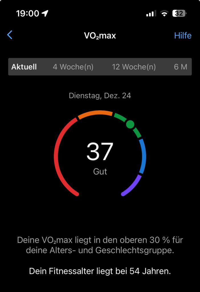 Screenschot einer App, die VO2max anzeigt. Datum: 24.12.24, Wert: 37, Kommentar: Dein Fitnessalter liegt bei 54 Jahren