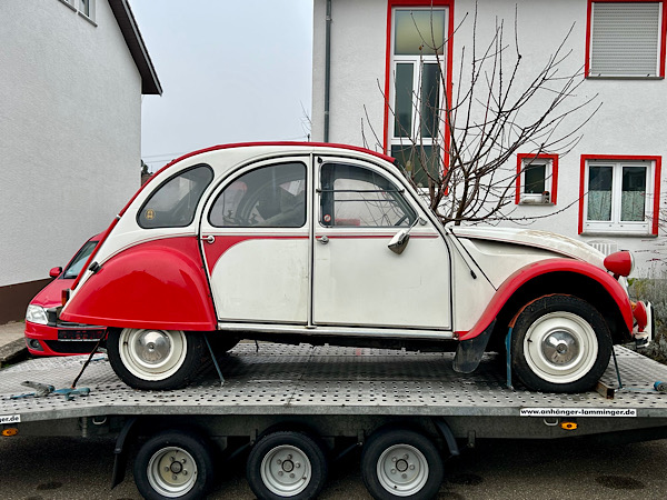 Eine rot-weiße Ente (Citroen 2CV) steht angeschnallt auf einem Autoanhänger