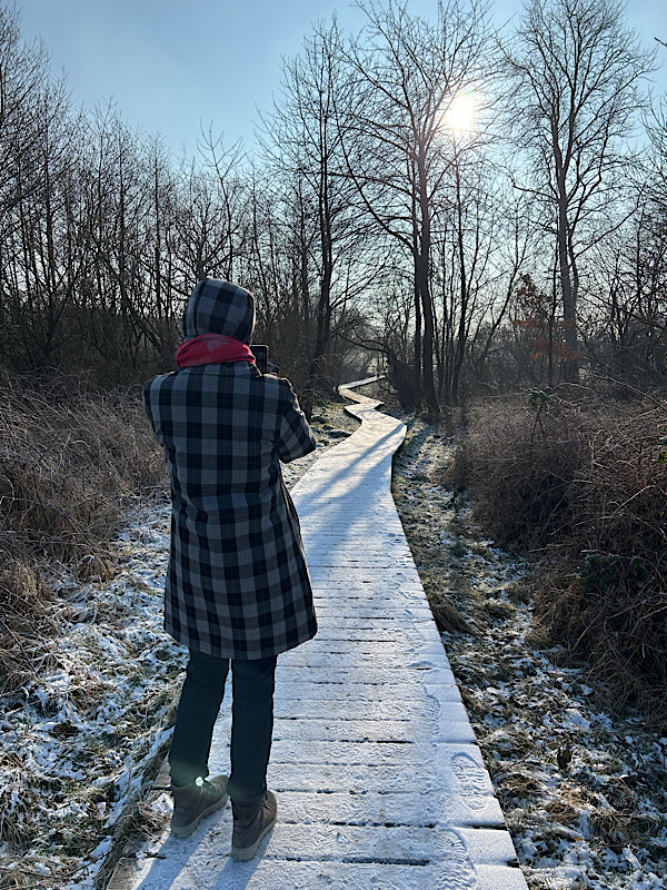 Frau im Mantel mit Schal um die Kapuze gebunden, schaut auf einen verschneiten Steg und in die Wintersonne