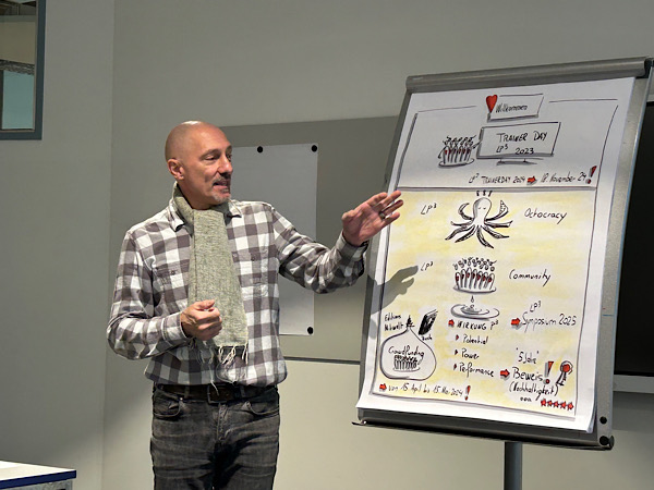 Mann steht neben einem Flipchart mit zahlreichen Illustrationen und zeigt darauf