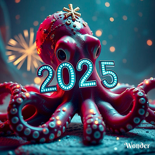 Bunte Darstellung eines Oktopus mit einem Stern auf der Stirn und strahlenden Sternchen im Hintergrund. Davor groß die Zahl 2025