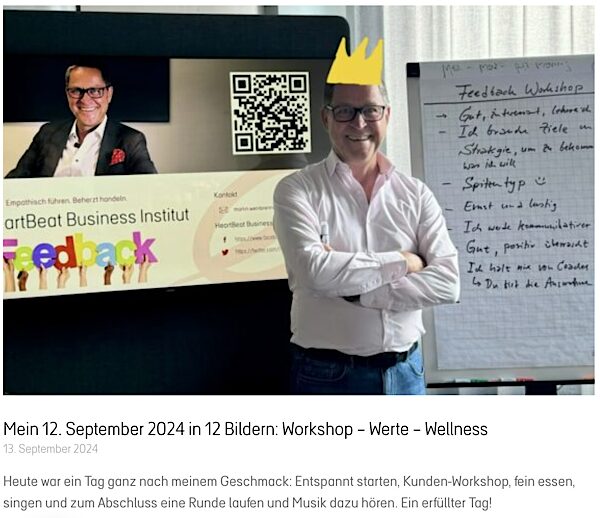 Titelbild eines Blogartikels mit Text darunter: Mein 12. September 2024 in 2 Bildern - Workshop, Werte, Wellness